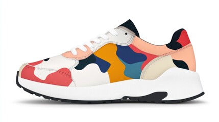 White sneaker with a colorful abstract pattern on the side.