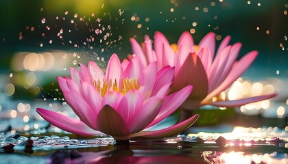 Wall Mural - sunlit pink lotus blooming gracefully in serene water