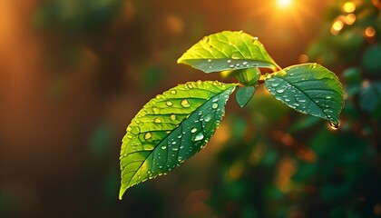 Wall Mural - Golden rays illuminating a dew-kissed green leaf, capturing natures beauty, renewal, and the vibrant cycle of life