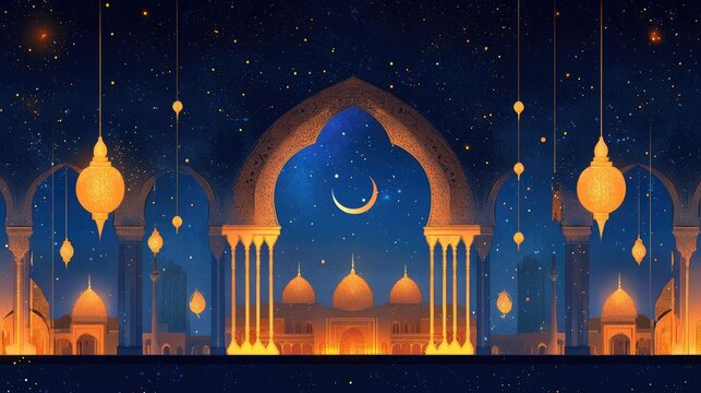 Eid-ul-Adha card design with arches of a mosque, illuminated crescent moon, and festive elements celebrating Eid.