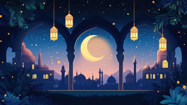 Eid-ul-Adha card design with arches of a mosque, illuminated crescent moon, and festive elements celebrating Eid.