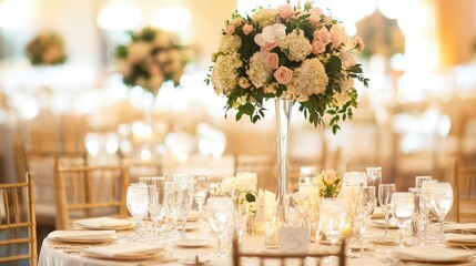 Wall Mural - Elegant wedding reception hall with tables adorned with flowers, candles, and luxurious table settings. Soft lighting enhances the romantic mood.