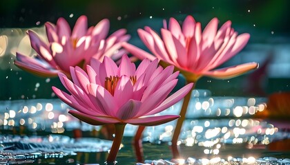 Wall Mural - sunlit pink lotus blooming gracefully in serene water