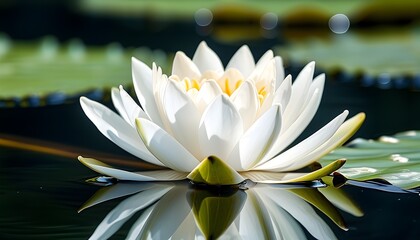 Wall Mural - Graceful white water lily blooms on serene pond, petals unfurling amidst gentle ripples, embodying purity, peace, and natures beauty