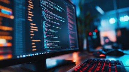 Poster - A close-up of a computer screen displaying code, with a keyboard in the foreground.
