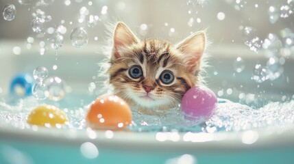 Poster - A cute kitten playing with floating toys in a water-filled bathtub, with bubbles and water droplets adding to the playful atmosphere.