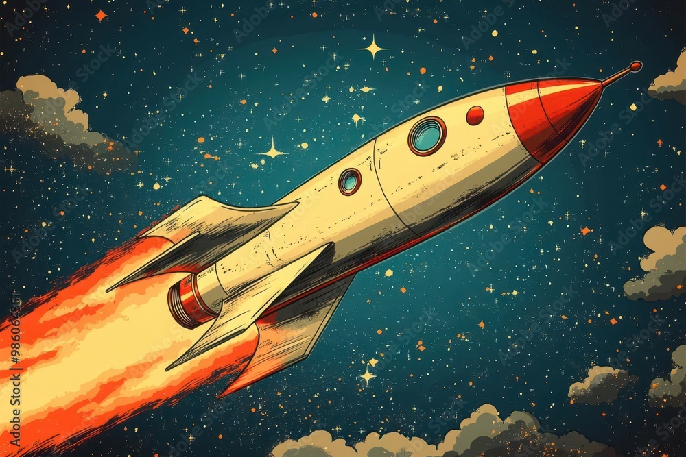 retro cartoon rocket ship blasting off whimsical design with ...