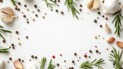 Wall Mural - Garlic bulbs, rosemary, and peppercorns spread out on a clean white background. The natural textures pop in this top-down shot.