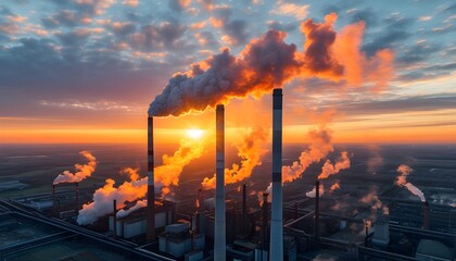 Wall Mural - Panoramic aerial view of an industrial complex under a stunning sunset sky with smoke plumes from tall chimneys highlighting industrial activity and environmental impact