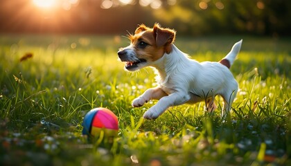 Wall Mural - Joyful Jack Russell Terrier puppy gleefully chasing a vibrant ball in a sunlit grassy field, embodying energy, youth, and the delight of outdoor playfulness