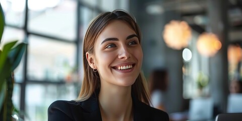 Planning, meeting and smile of business woman in leadership, laptop strategy and talking in startup on mockup. Happy female manager in discussion with, Generative AI