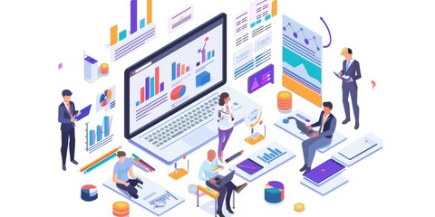 Isometric Expert team for Data Analysis, Business Statistic, Management, Consulting, Marketing. Communication and contemporary marketing. Corporate people working, Generative AI