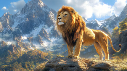 majestic lion stands proudly on rocky outcrop, surrounded by stunning mountains and vibrant landscap