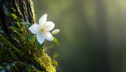 Wall Mural - Resilient white flower blooming beside a mossy tree trunk, embodying new life, beauty in nature, growth, and hope