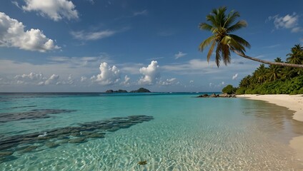 Sticker - Tropical beach with an island in the distance.