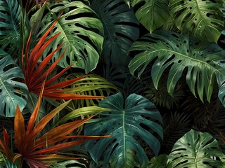 Wall Mural - Tropical leaves, including monstera and palm, create a textured background.