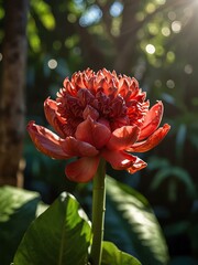 Wall Mural - Tropical Red Torch Ginger Flower in sunlight.