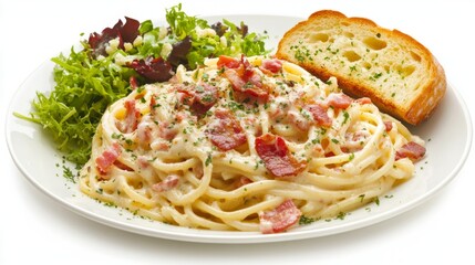 A dish of spaghetti carbonara with a velvety, creamy sauce and crispy bacon pieces, served with a side of fresh salad and a slice of garlic bread, all set against a white background.