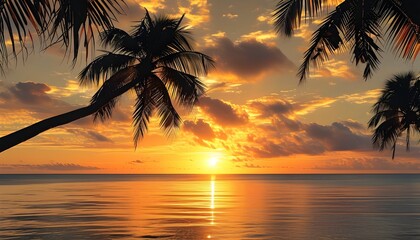 Wall Mural - Tropical sunset with palm trees framing a stunning golden sky, as the calm ocean mirrors vibrant sunset hues