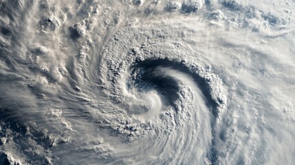 Poster - A dramatic image of a typhoon's eye with calm center surrounded by intense storm clouds and spiraling rain bands, captured from a weather satellite view