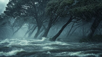 Poster - A dramatic scene of a typhoon with heavy rain and strong winds, capturing trees bending and rain pouring down, illustrating the intensity of the storm.