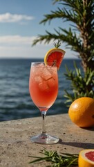 Poster - Two grapefruit and rosemary mocktails with a seaside backdrop.