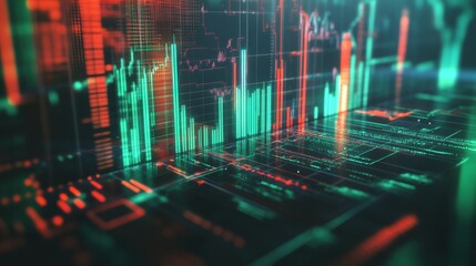 Leinwandbilder - A dynamic 3D bar chart with vibrant green and red bars, showing growth and decline in financial performance, surrounded by digital financial symbols.