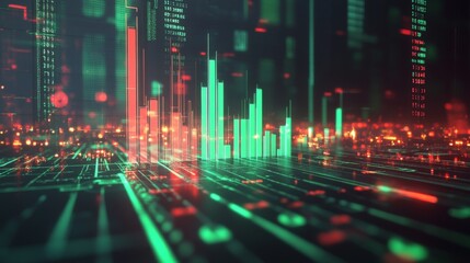 Leinwandbilder - A dynamic 3D bar chart with vibrant green and red bars, showing growth and decline in financial performance, surrounded by digital financial symbols.
