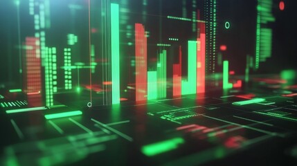 Leinwandbilder - A dynamic 3D bar chart with vibrant green and red bars, showing growth and decline in financial performance, surrounded by digital financial symbols.