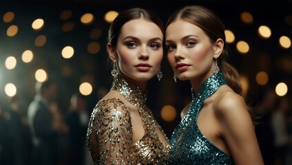 Wall Mural - Two women in glittering evening gowns.