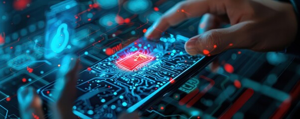 Wall Mural - Finger touching a smartphone, activating a glowing cybersecurity interface. Free copy space for banner.
