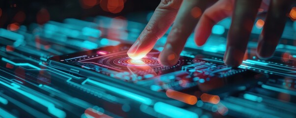 Wall Mural - Finger touching a smartphone, activating a glowing cybersecurity interface. Free copy space for banner.