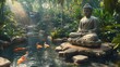 © kanesuan - A tranquil scene featuring a Buddha statue in a private garden with a small koi pond and carefully arranged stones. The statueâ€™s peaceful expression is mirrored by the calm water and lush foliage,