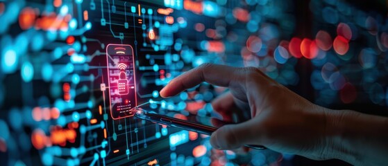 Wall Mural - Finger touching a smartphone, activating a glowing cybersecurity interface. Free copy space for banner.