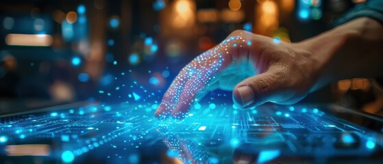 Wall Mural - Finger touching a smartphone, activating a glowing cybersecurity interface. Free copy space for banner.