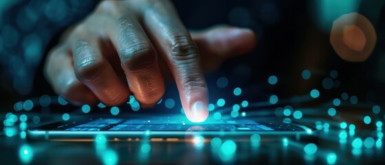 Wall Mural - Finger touching a smartphone, activating a glowing cybersecurity interface. Free copy space for banner.