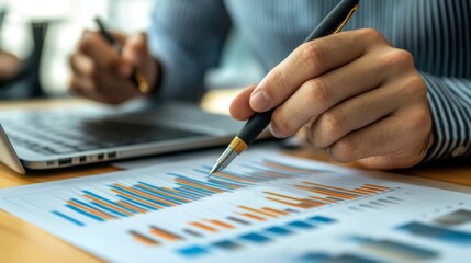 Poster - A financial analyst reviewing a printed bar chart with a pen, surrounded by financial documents and a laptop, focusing on detailed market analysis.