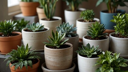 Wall Mural - Variety of houseplants in ceramic pots.