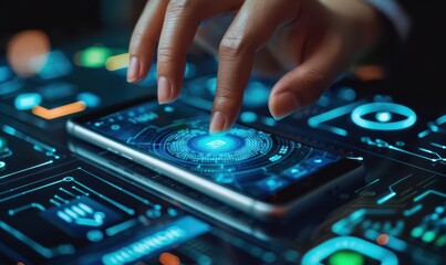 Wall Mural - Finger touching a smartphone, activating a glowing cybersecurity interface. Free copy space for banner.