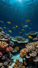 Vibrant coral reef and living sea life under deep blue water.