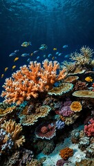 Wall Mural - Vibrant coral reef and living sea life under deep blue water.