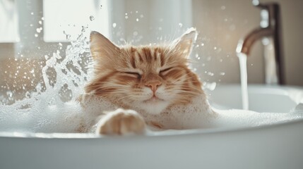 Poster - A fluffy cat enjoying a relaxing bath in a tub, with a playful splash of water and gentle shampoo, set in a bright, clean bathroom environment.
