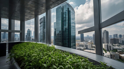 Modern urban architecture showcasing a towering glass office building in the heart of the city, reflecting the skyline in its windows