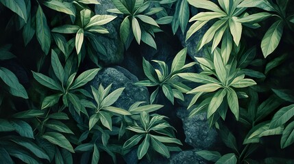 Sticker - Lush Green Tropical Leaves and Rocks Background