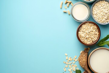 Wall Mural - Oat Milk with Oats and Mint Leaves on Blue Background