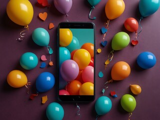 Sticker - Vibrant smartphone surrounded by colorful balloons and shapes.