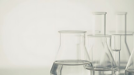 Poster - A Row of Glass Erlenmeyer Flasks Filled with Clear Liquid