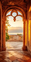 Wall Mural - Stone Archway with View of City and Mountains