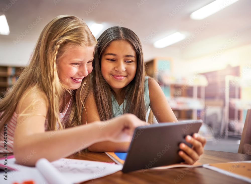 Teamwork Kids Math Teamwork, children and smile with tablet for education, elearning and ...