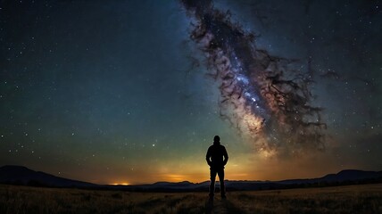 A starry night sky with a silhouette of a person gazin